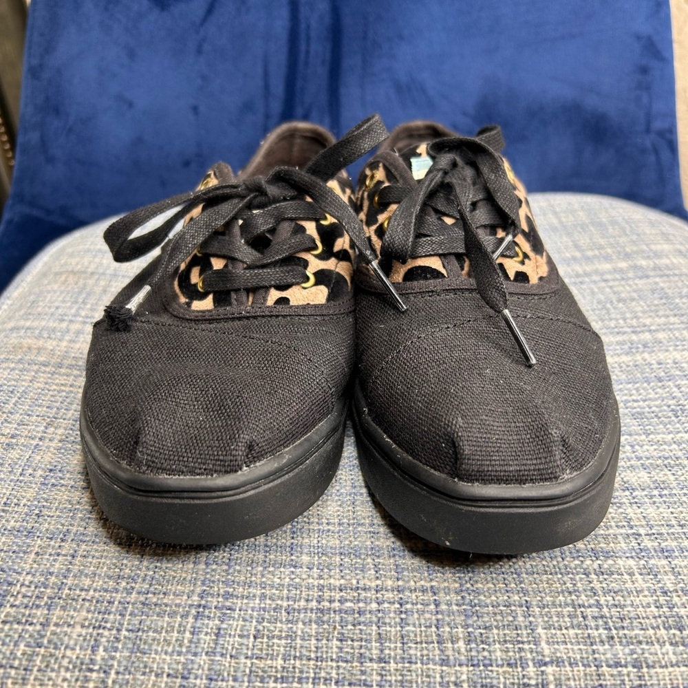 TOMS Black Canvas Shoes with Leopard Accents